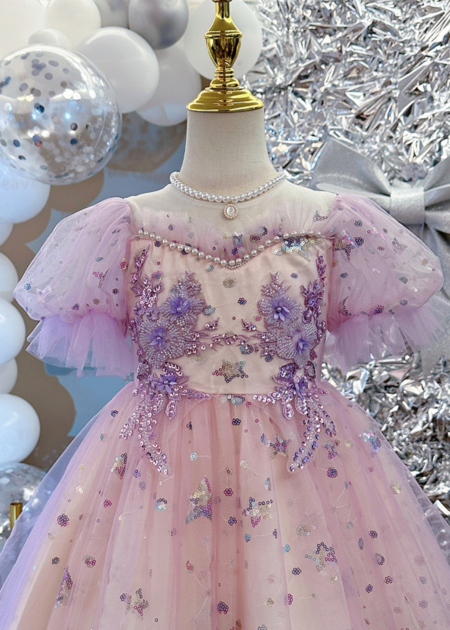 Light Purple Nail Bead Star Tulle Holiday Long Dress Summer Ye007