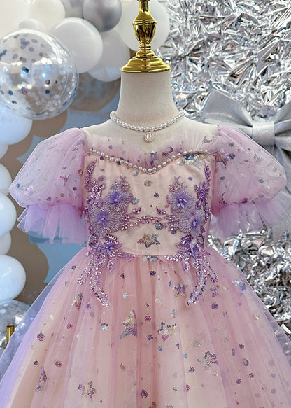 Light Purple Nail Bead Star Tulle Holiday Long Dress Summer Ye007