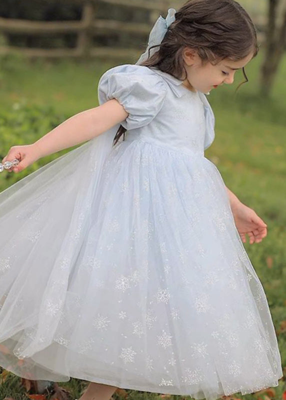 Lighy Blue O-neck Patchwork Wrinkled Tulle Kids Long Dress Summer Xz007