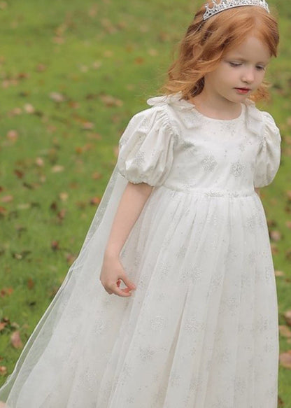 Lighy Blue O-neck Patchwork Wrinkled Tulle Kids Long Dress Summer Xz007