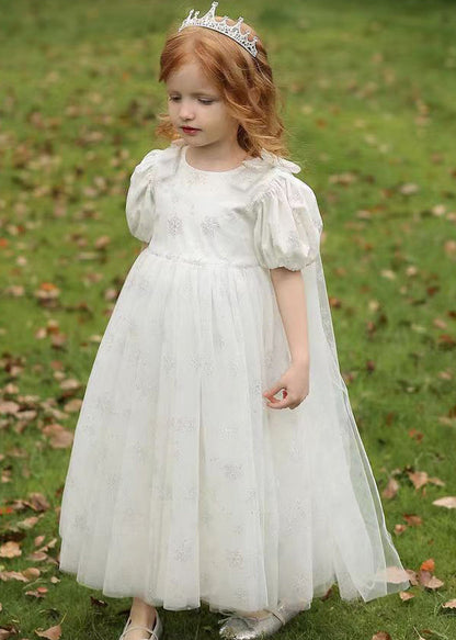 Lighy Blue O-neck Patchwork Wrinkled Tulle Kids Long Dress Summer Xz007