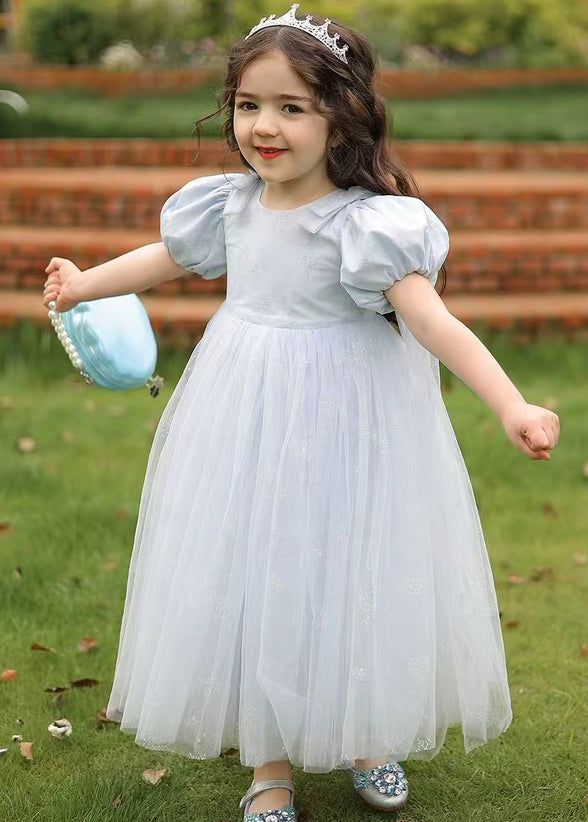 Lighy Blue O-neck Patchwork Wrinkled Tulle Kids Long Dress Summer Xz007