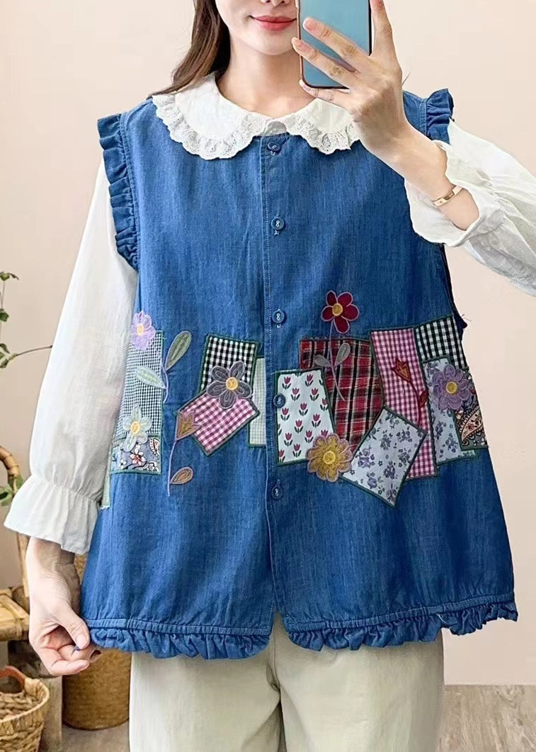 Navy Embroidered Patchwork Button Waistcoat Sleeveless Nn038