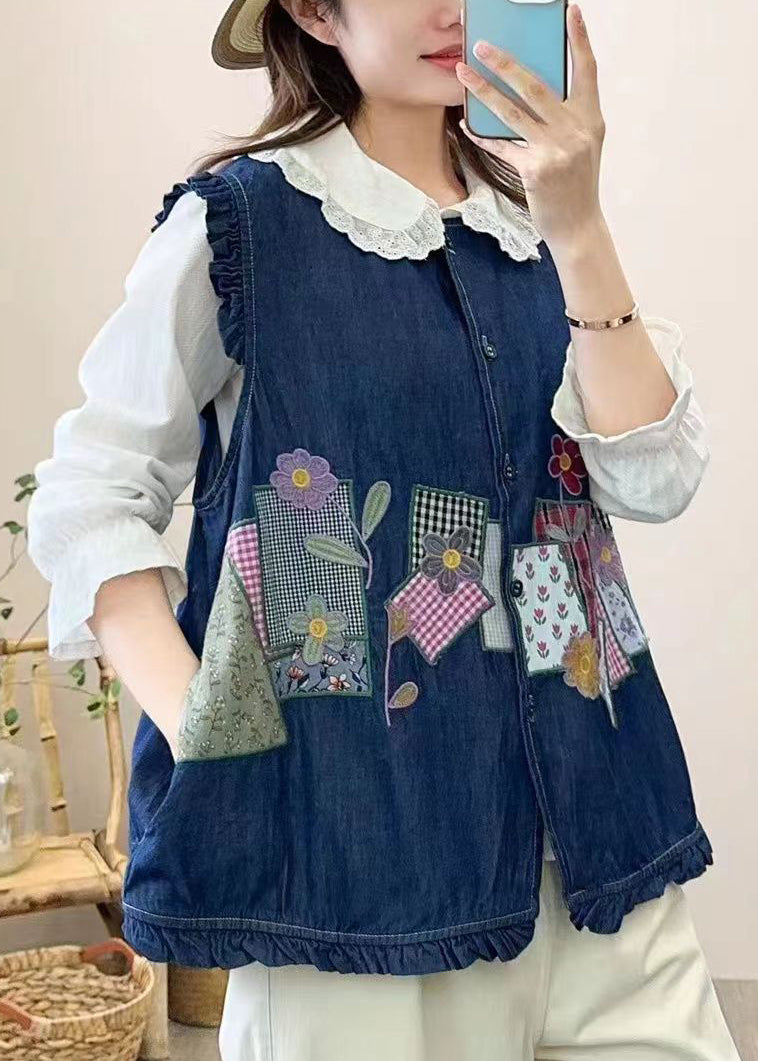 Navy Embroidered Patchwork Button Waistcoat Sleeveless Nn038