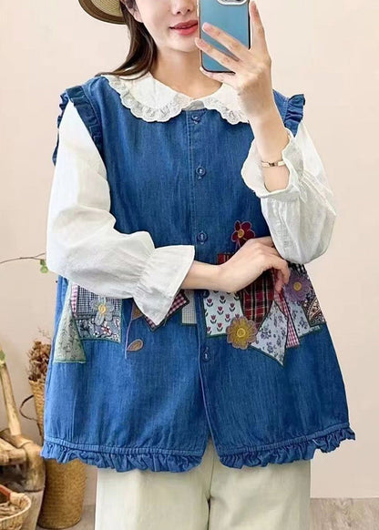 Navy Embroidered Patchwork Button Waistcoat Sleeveless Nn038