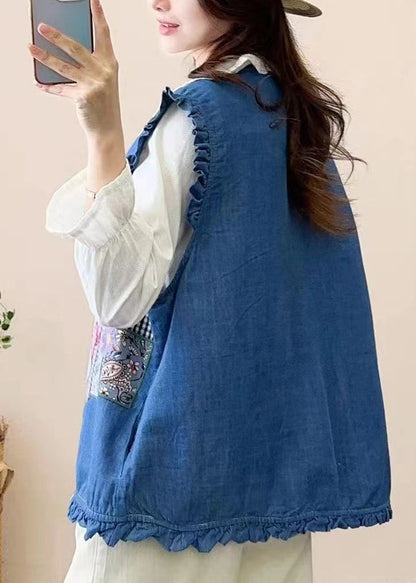 Navy Embroidered Patchwork Button Waistcoat Sleeveless Nn038