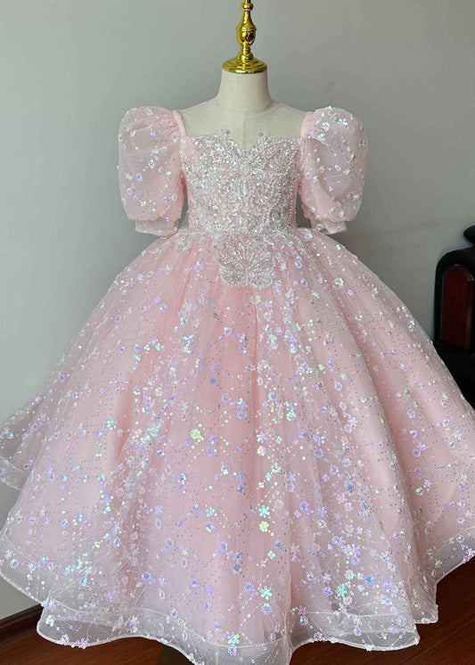 Pink Embroideried Patchwork Tulle Kids Long Dresses Summer Yg003