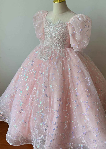 Pink Embroideried Patchwork Tulle Kids Long Dresses Summer Yg003