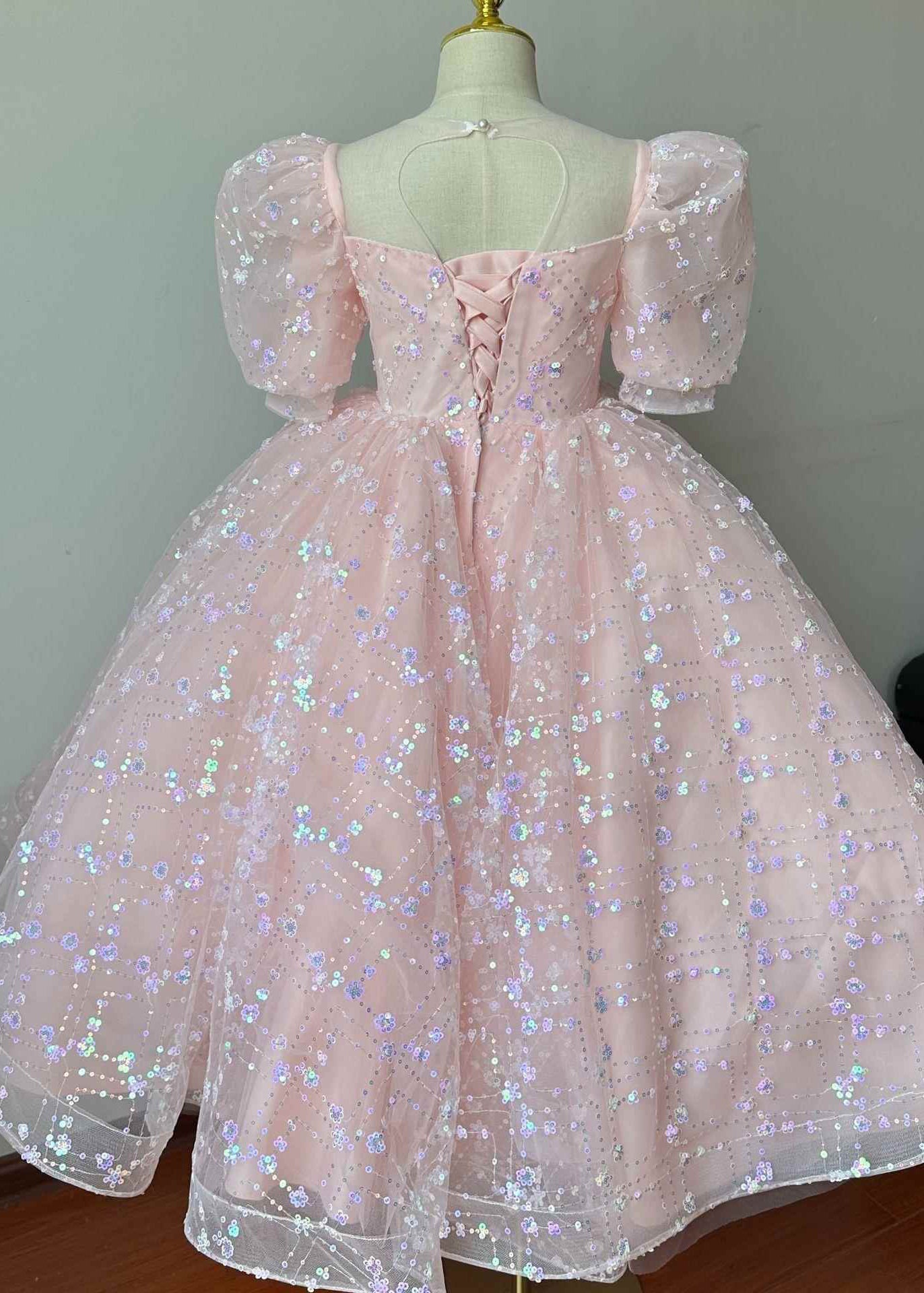 Pink Embroideried Patchwork Tulle Kids Long Dresses Summer Yg003