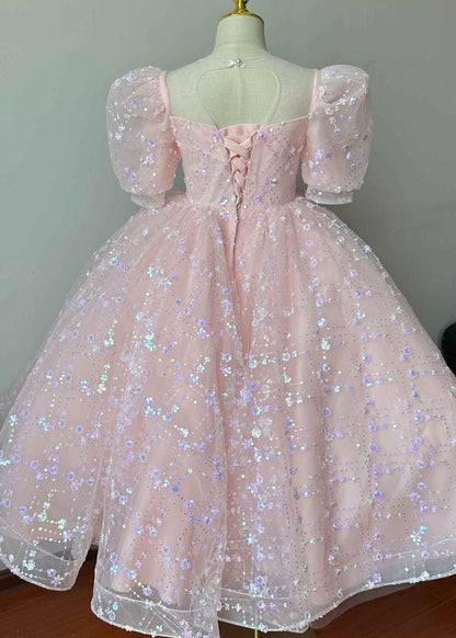 Pink Embroideried Patchwork Tulle Kids Long Dresses Summer Yg003