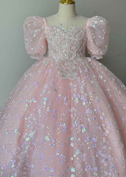 Pink Embroideried Patchwork Tulle Kids Long Dresses Summer Yg003