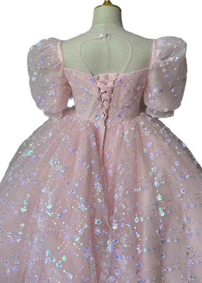 Pink Embroideried Patchwork Tulle Kids Long Dresses Summer Yg003