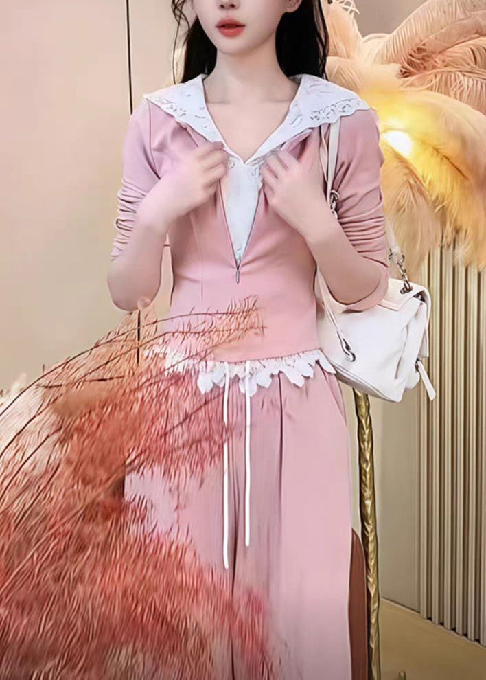 And Leg Wide Pants Two Pieces Hooded Fake Sweatshirt Pink