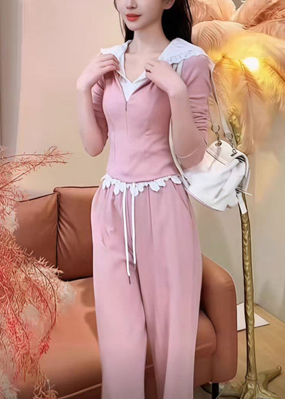 And Leg Wide Pants Two Pieces Hooded Fake Sweatshirt Pink