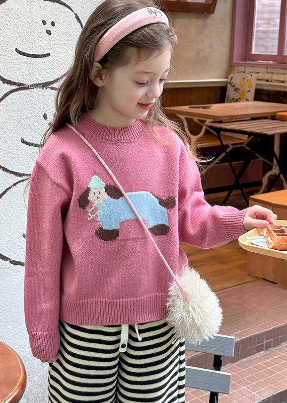 Pink Little Dog Print Cotton Knit Sweater Spring Tp035