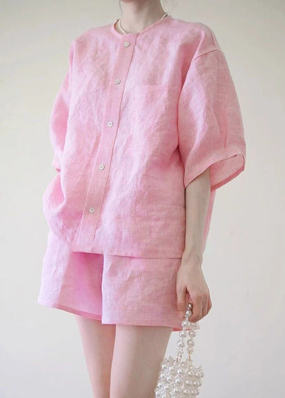 Pink O-neck Button Shirts and Shorts Two Pieces Set Summer Qb020