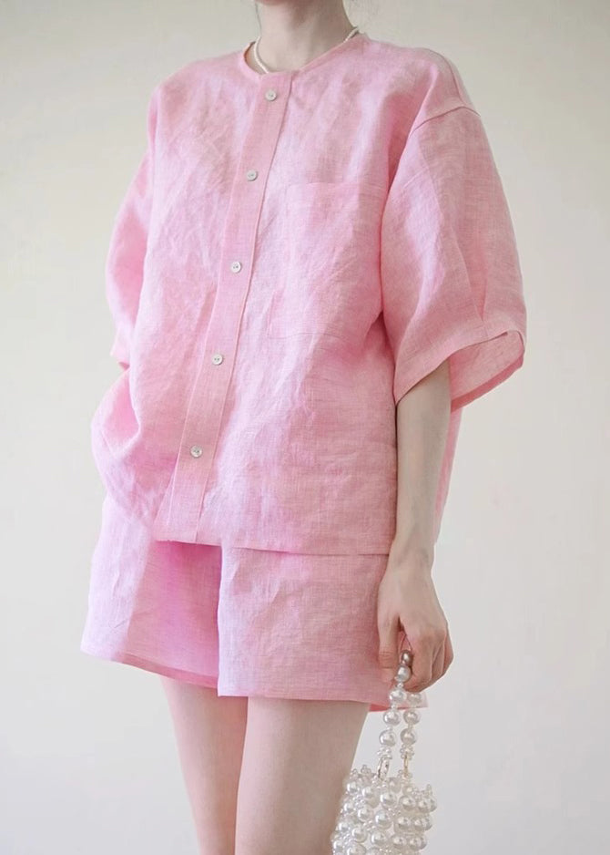 Pink O-neck Button Shirts and Shorts Two Pieces Set Summer Qb020