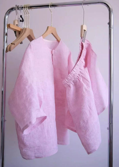 Pink O-neck Button Shirts and Shorts Two Pieces Set Summer Qb020