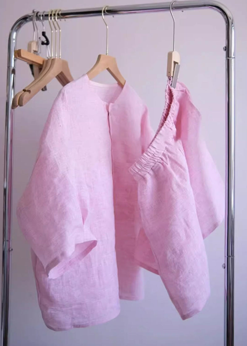Pink O-neck Button Shirts and Shorts Two Pieces Set Summer Qb020