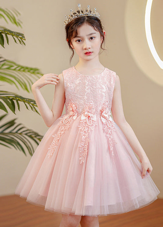 Pink O-neck Pearl Tulle Maxi Dress Sleeveless Xz049