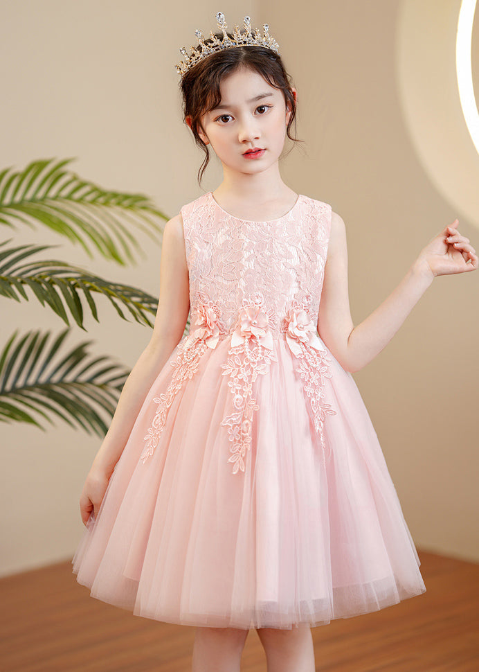 Pink O-neck Pearl Tulle Maxi Dress Sleeveless Xz049