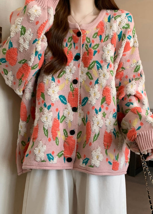 Pink O Neck Jacquard Knit Loose Coat Winter Rg028
