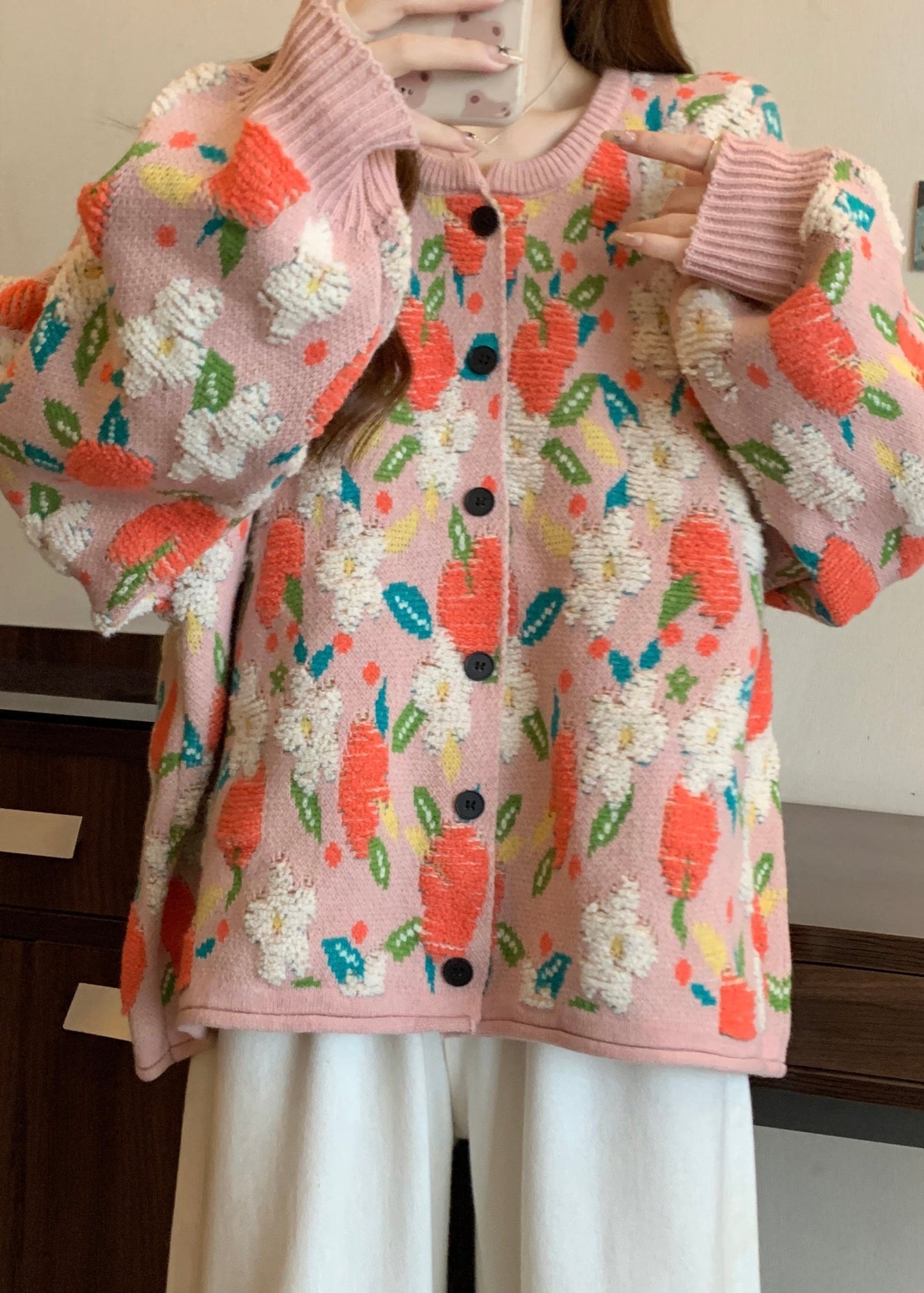 Pink O Neck Jacquard Knit Loose Coat Winter Rg028