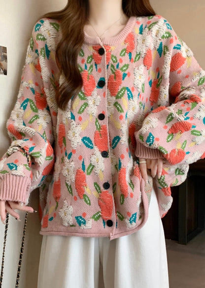 Pink O Neck Jacquard Knit Loose Coat Winter Rg028