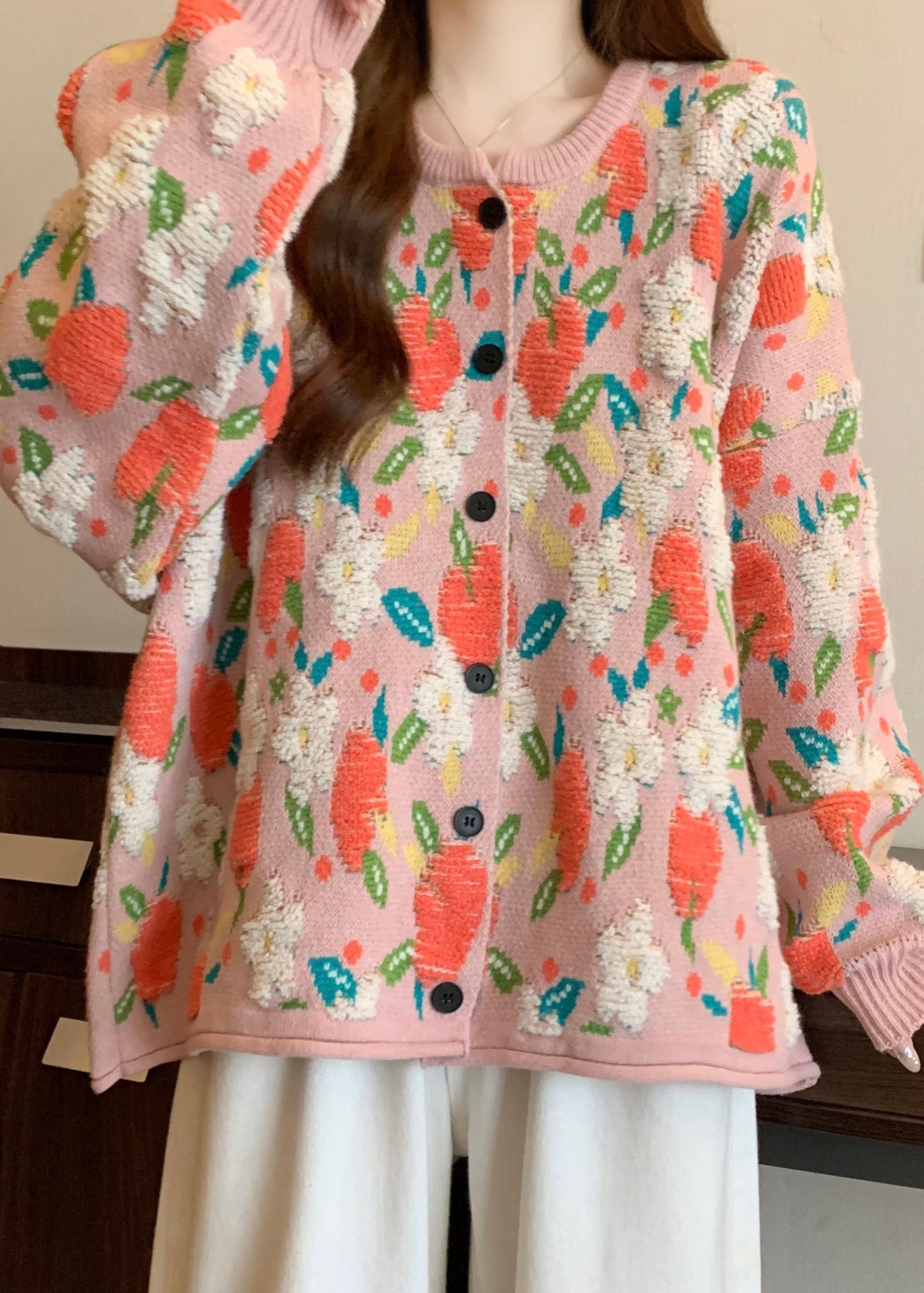 Pink O Neck Jacquard Knit Loose Coat Winter Rg028