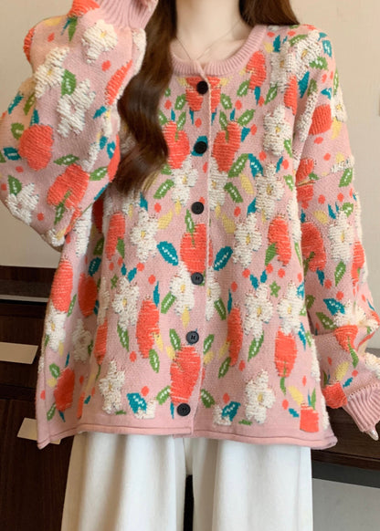 Pink O Neck Jacquard Knit Loose Coat Winter Rg028