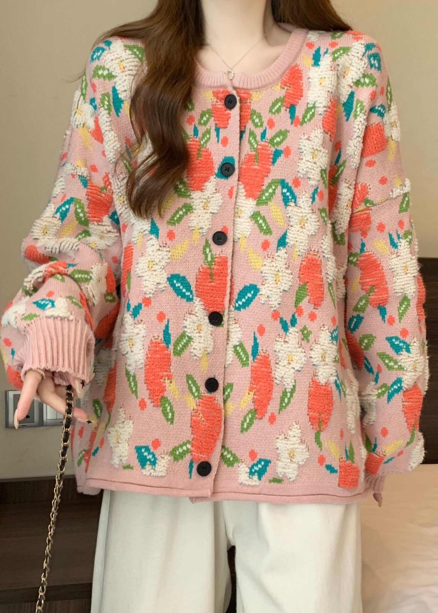 Pink O Neck Jacquard Knit Loose Coat Winter Rg028