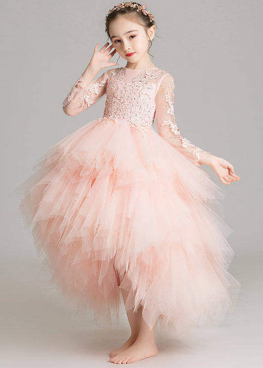 Pink O-neck Low High Design Tulle Maxi Dress Sleeveless Rp032