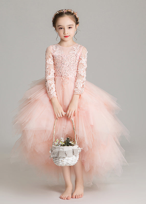 Pink O-neck Low High Design Tulle Maxi Dress Sleeveless Rp032