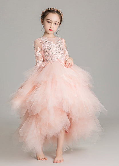 Pink O-neck Low High Design Tulle Maxi Dress Sleeveless Rp032