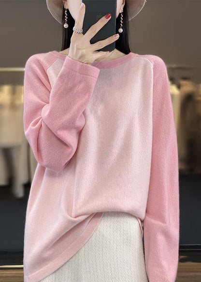 Pink O-neck Patchwork Wool Knit Sweaters Top Fall Qp011