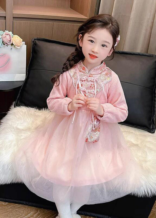 Pink Patchwork Embroideried Tulle Kids Vacation Maxi Dresses Spring Ye019