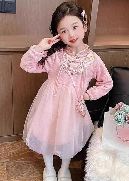 Pink Patchwork Embroideried Tulle Kids Vacation Maxi Dresses Spring Ye019