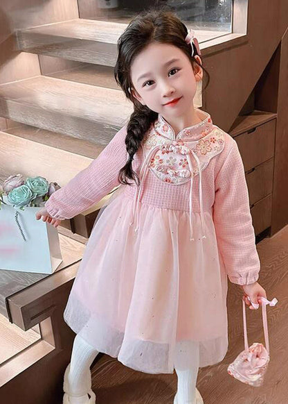 Pink Patchwork Embroideried Tulle Kids Vacation Maxi Dresses Spring Ye019