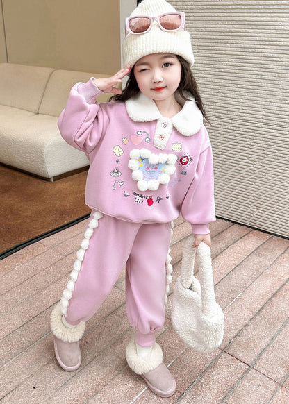 Pink Patchwork Warm Fleece Top and Lantern Pants Two Piece Set Winter Tr038