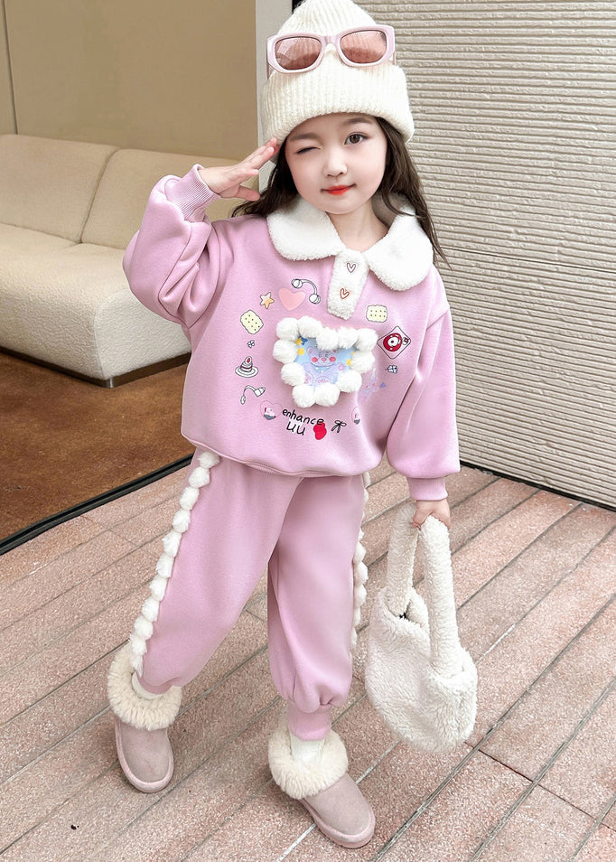 Pink Patchwork Warm Fleece Top and Lantern Pants Two Piece Set Winter Tr038