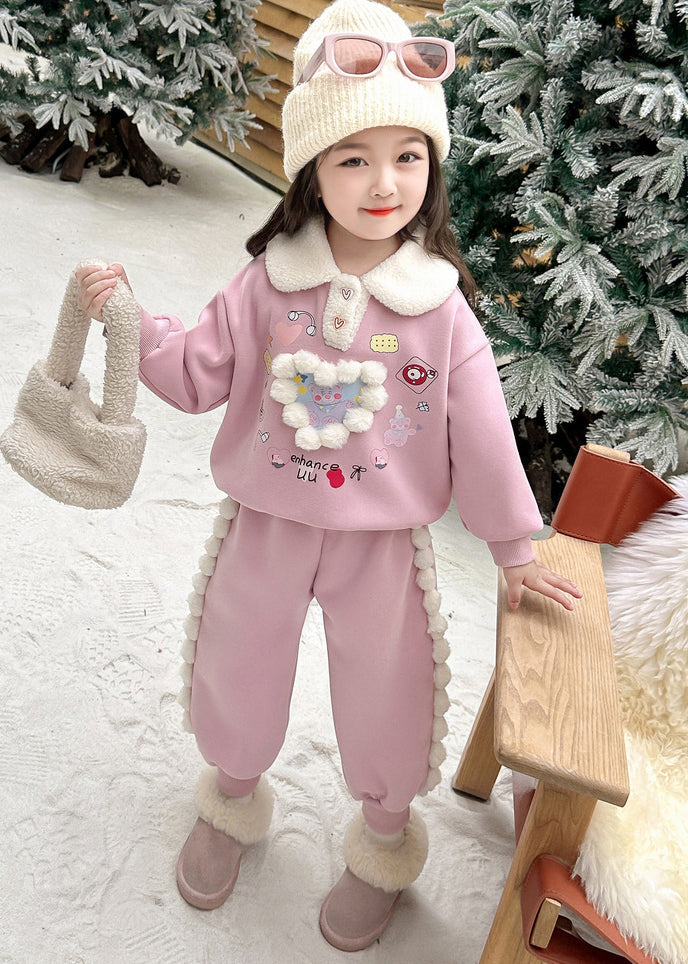 Pink Patchwork Warm Fleece Top and Lantern Pants Two Piece Set Winter Tr038