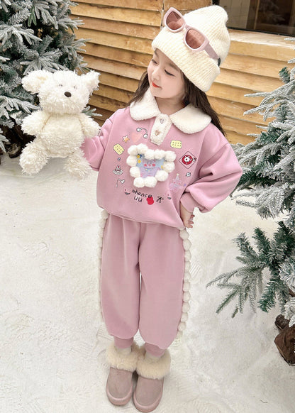 Pink Patchwork Warm Fleece Top and Lantern Pants Two Piece Set Winter Tr038