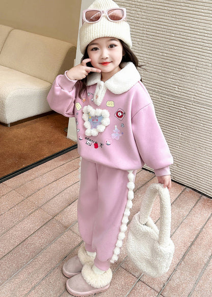 Pink Patchwork Warm Fleece Top and Lantern Pants Two Piece Set Winter Tr038