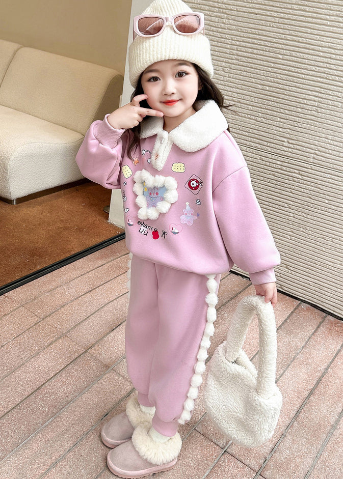 Pink Patchwork Warm Fleece Top and Lantern Pants Two Piece Set Winter Tr038