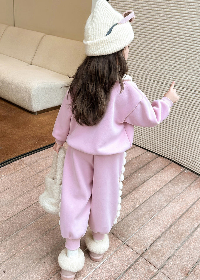 Pink Patchwork Warm Fleece Top and Lantern Pants Two Piece Set Winter Tr038