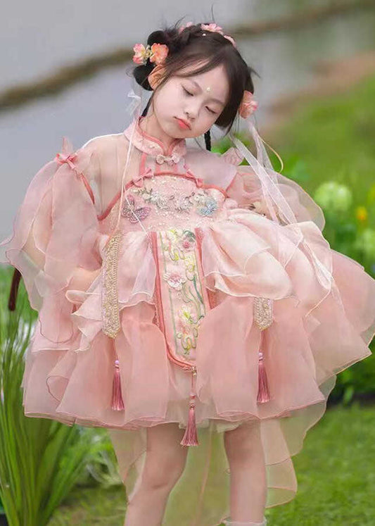 Kids Summer Long Dresses Maxi Patchwork Tulle Pink Tassel