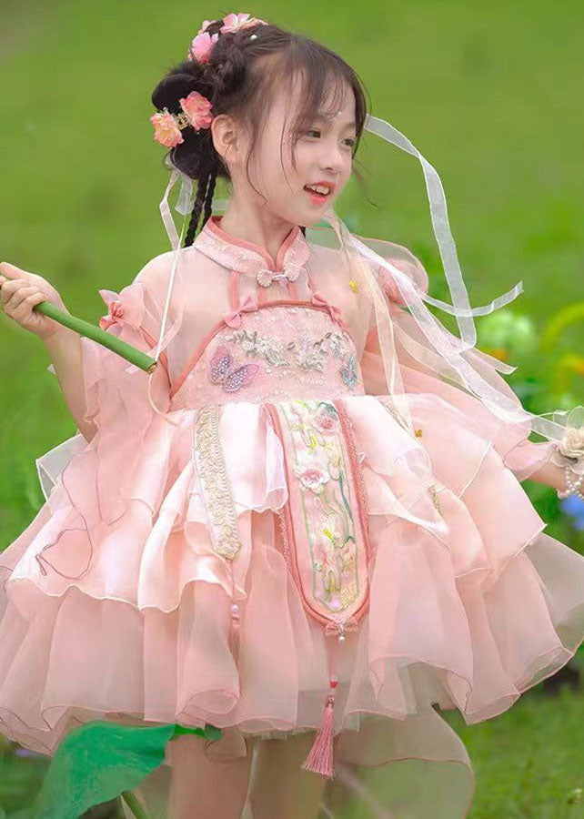 Kids Summer Long Dresses Maxi Patchwork Tulle Pink Tassel