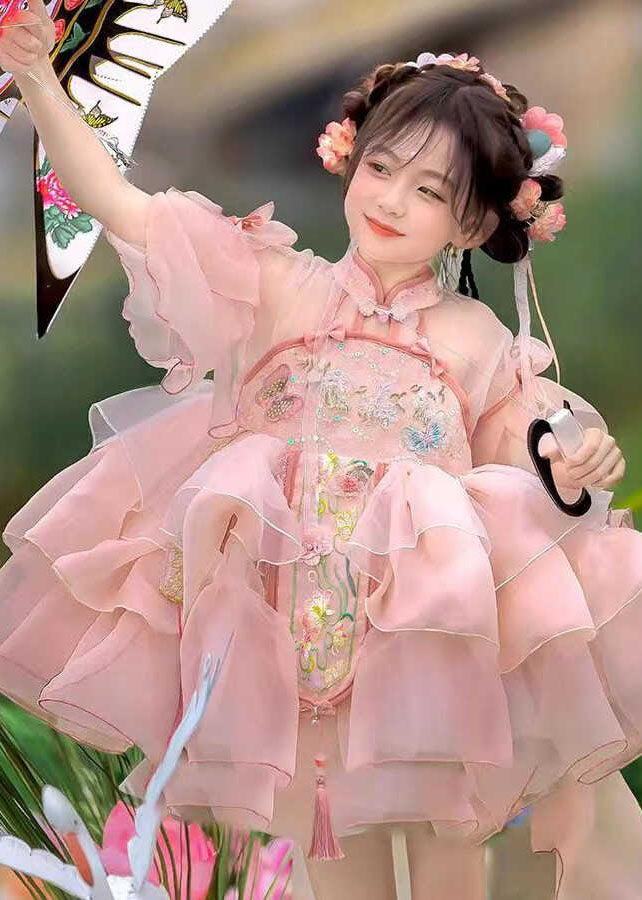Kids Summer Long Dresses Maxi Patchwork Tulle Pink Tassel