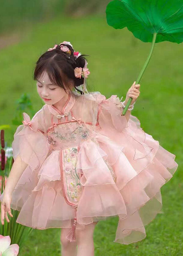 Kids Summer Long Dresses Maxi Patchwork Tulle Pink Tassel