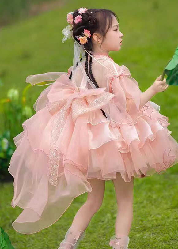 Kids Summer Long Dresses Maxi Patchwork Tulle Pink Tassel